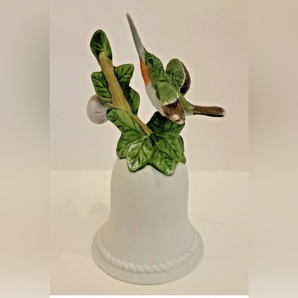 Ruby Throated Hummingbird Handpainted Porcelain White Bell w/Floral Decor